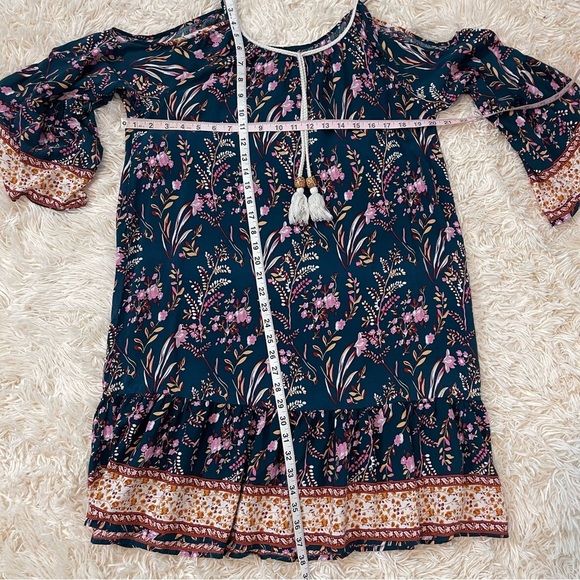 Boho green Floral print Cold Shoulder Dress bell sleeve tassel SZ XS/S/M viscose - Picture 6 of 8